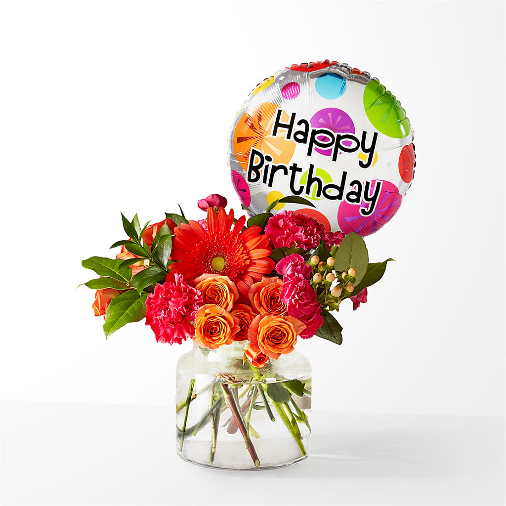 Fiesta Bouquet with Birthday Balloon – KATHY'S FLOWERS, Adair OK