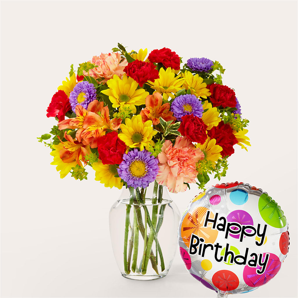Kaleidoscope Bouquet with Birthday Balloon – KATHY'S FLOWERS, Adair OK