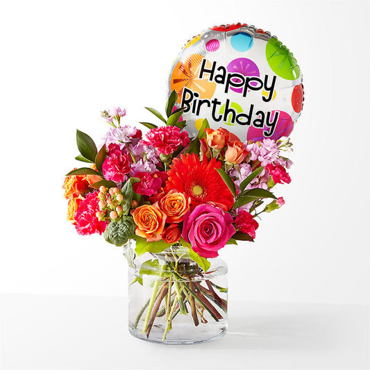 Fiesta Bouquet with Birthday Balloon – KATHY'S FLOWERS, Adair OK