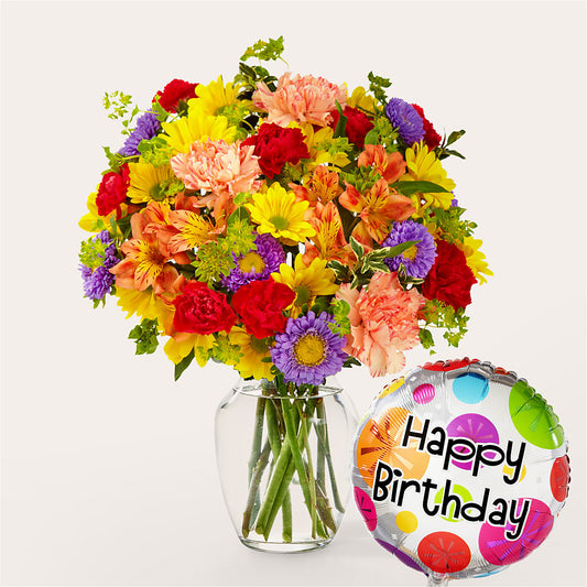 Kaleidoscope Bouquet with Birthday Balloon – KATHY'S FLOWERS, Adair OK