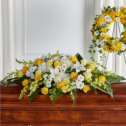 Golden Harmony Casket Spray – KATHY'S FLOWERS, Adair OK