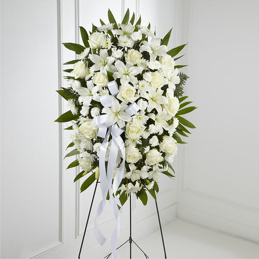 Exquisite Tribute Standing Spray-White Ribbon – KATHY'S FLOWERS, Adair OK