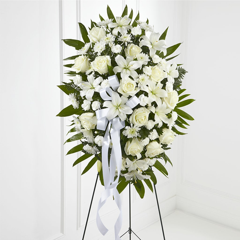 Exquisite Tribute Standing Spray-White Ribbon – KATHY'S FLOWERS, Adair OK