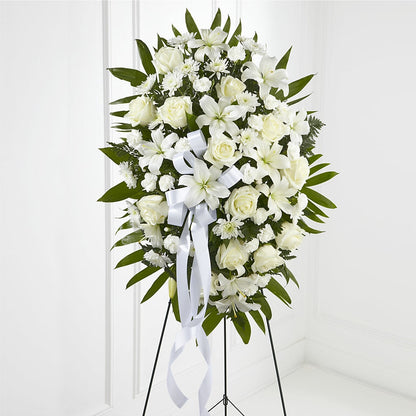 Exquisite Tribute Standing Spray-White Ribbon – KATHY'S FLOWERS, Adair OK